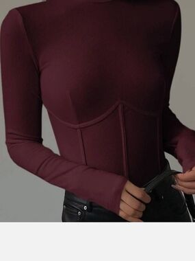 Commense Ribbed Long Sleeve Corset-Style Top - Burgundy